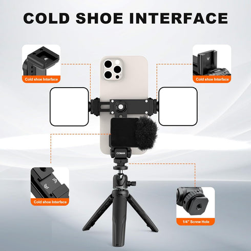 Metal Phone Tripod Mount - Holder Stand with 3 Cold Shoes & Arca Port, Universal Smartphone Mount Adapter, 360° Rotates