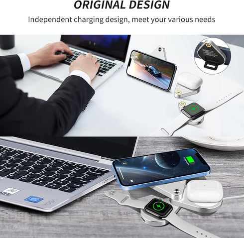 3 in 1 Detachable Magnetic Wireless Charger, 15W Fast Charging Station for iPhone 13/12, Foldable Stand for iWatch