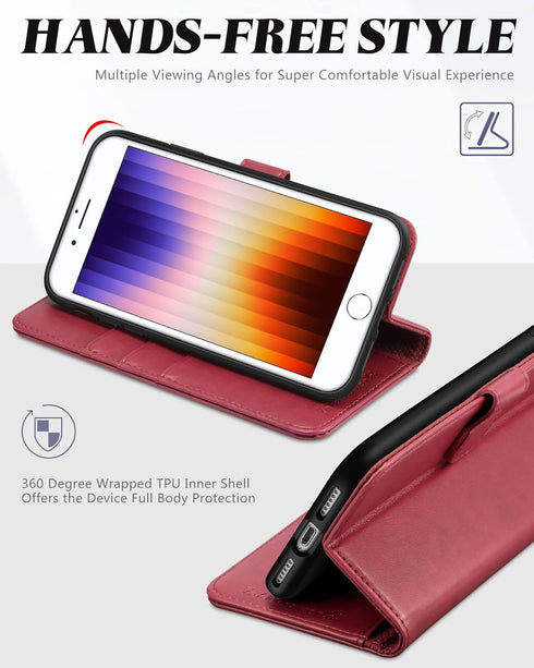 TUCCH Wallet Case for iPhone SE 2022/SE 2020/8/7, Dark Red PU Leather Folio Stand with Card Slot, Magnetic Closure [TPU
