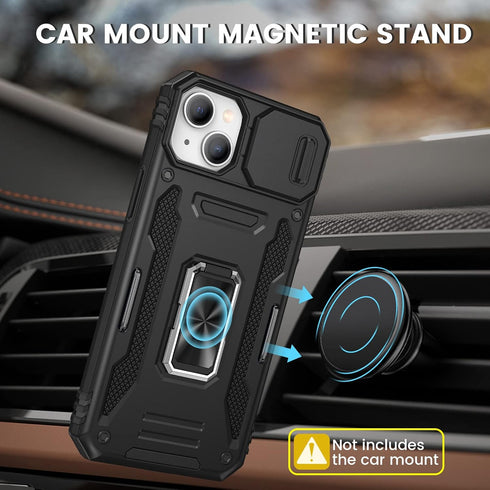 Maxdara iPhone 14/13 Case, Black - 360° Rotating Ring Kickstand, Slide Camera Cover & Glass Screen Protector, 6.1"