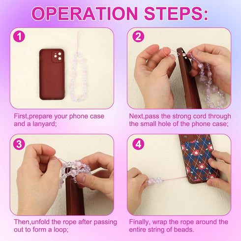 2pcs Beaded Phone Bracelet Strap, Crystal Butterfly Flower Pearl Lanyard for Women Phone Keychain Charm
