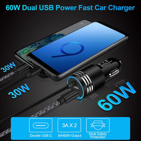 60W Super Fast Charging Android Car Charger Type C Rapid Samsung Car Charger with 3ft Built-in USB C Cable for Samsung