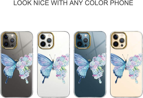 JAHOLAN Clear Case for iPhone 12 Pro Max - Purple Glitter Cute Butterfly Design, Shockproof TPU Bumper Hard PC Back