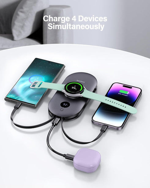 Portable Charger for Samsung Watch 7, 10000mAh Power Bank with Built-in Cables and AC Wall Plug for Samsung Phones and
