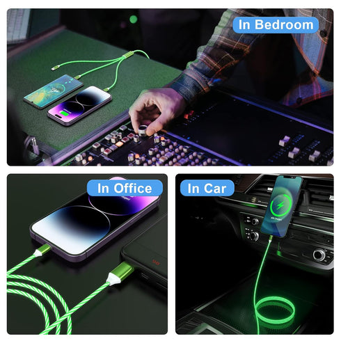 3-in-1 Multi USB Universal Flowing LED Light Up Phone Charge Cable, Lightning+Type C+Micro USB for iPhone 14/13/12