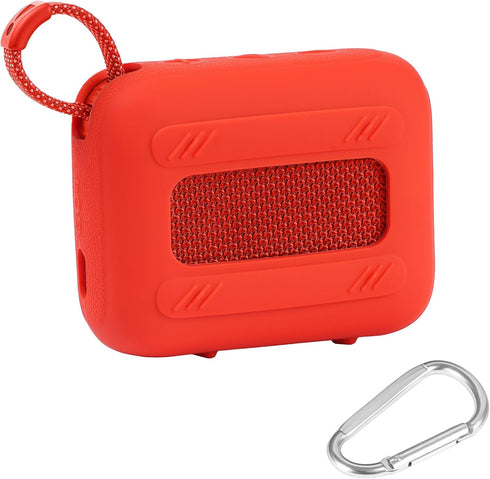for JBL Go 4 Waterproof Bluetooth Speaker Silicone Cover Case, Portable Silicone Travel Case with Carabiner, Protective Skin Case (Red Case) - co2CREA