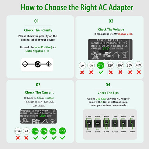 Gonine 24V Power Supply Cord 1.5A 1A UL Certified, AC to DC Adapter for LED Floor Lamp, Strips, Diffuser
