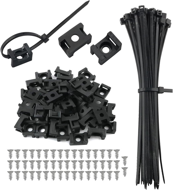 Saddle Type Mounts Base with 4.7inch Cable Ties, 50 Sets Black Cable Zip Ties and Wire Clips for Organization