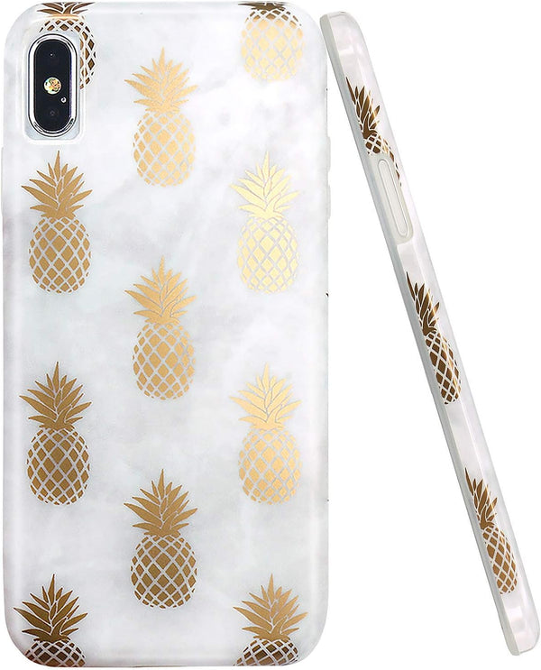 JAHOLAN Clear Bumper TPU Soft Rubber Silicone Case for iPhone Xs Max 2018, Shiny Rose Gold Pineapples Marble Design