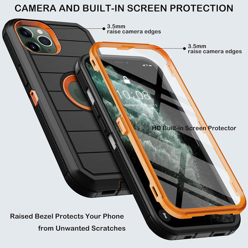 for iPhone 11 Pro Max Case with Belt Clip Holster,Built-in Screen Protector,Heavy Duty Shockproof Drop Protection Military Grade Durable Phone Cover for Apple 11 Pro Max 6.5" (Black/Orange)