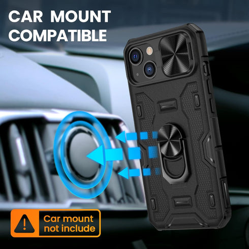 VEGO iPhone 14 Case, iPhone 13 Case with Slide Camera Cover, 360° Rotate Ring Kickstand Magnetic Shockproof - Black