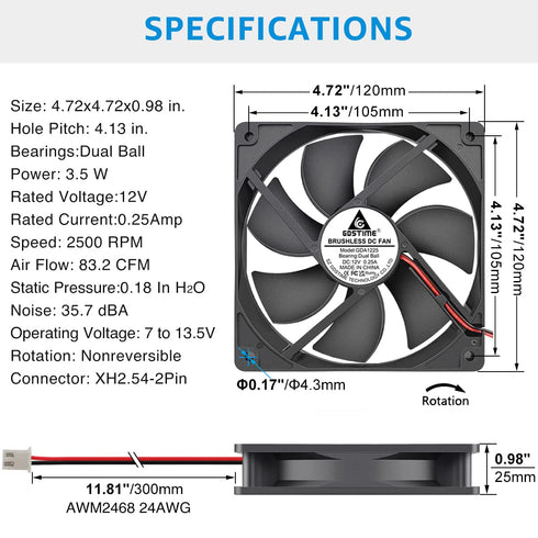 GDSTIME Dual Ball Bearings Cooling Exhaust Fan, 120mm x 120mm x 25mm, 5 inch 12v Brushless