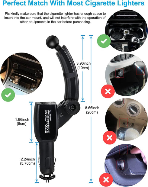 Cigarette Lighter Car Phone Mount with Dual USB Charger, Fast Charging Holder for iPhone 15 Pro Max, Samsung Galaxy