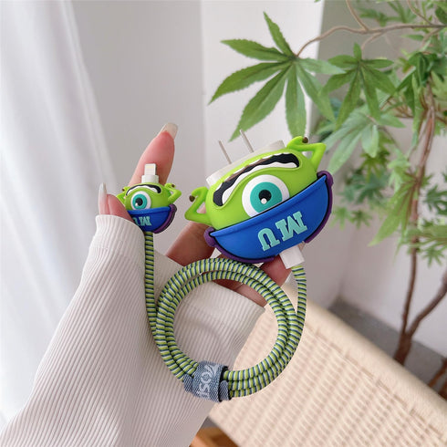 3D Cute Cartoon Charger Protector Case for Apple 20W USB-C Power Adapter and Lightning Cable (Green Hat Mike)