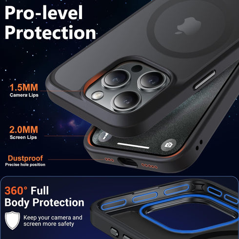 MOCCA iPhone 15 Pro Case - Slim Translucent Matte, 13FT Military Drop Protection, MagSafe Compatible, Black, 6.1''
