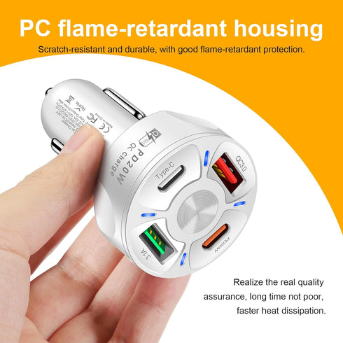 4 Ports Car Fast Charging Charger, QC 3.0, PD 20W, Type C, 3.1 A Cigarette Lighter Adapter for Car SUV, White
