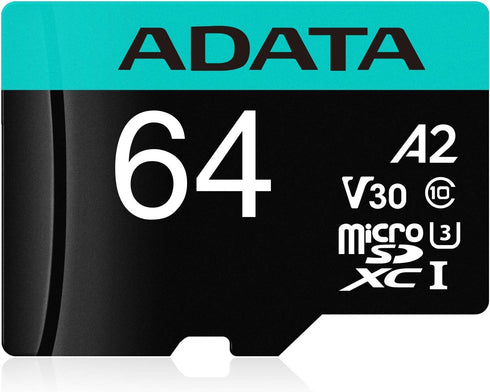 ADATA 64GB U3 V30 10 A2 AUSDX64GUI3V30SA2-RA1 Premier Pro MicroSDXC UHS-I Class MircoSD Memory Card with Adapter