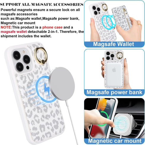 iPhone 13 pro case with Card Holder, iPhone 13 pro Phone Case Wallet for Women magsafe Compatible Wallet Detachable 2-in-1 for Men-White Leopard