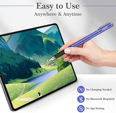 MEKO Stylus Pens for Touch Screens - 2 in 1 Universal Disc Stylus with 6 Replacement Tips - Blue/Silver