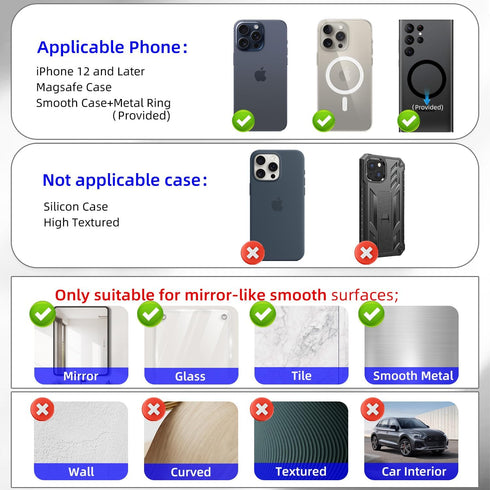 pop-tech Magnetic Vacuum Suction Mirror Phone Holder (Smooth Mirror Surface Only), Gym Bathroom Kitchen Shower Phone