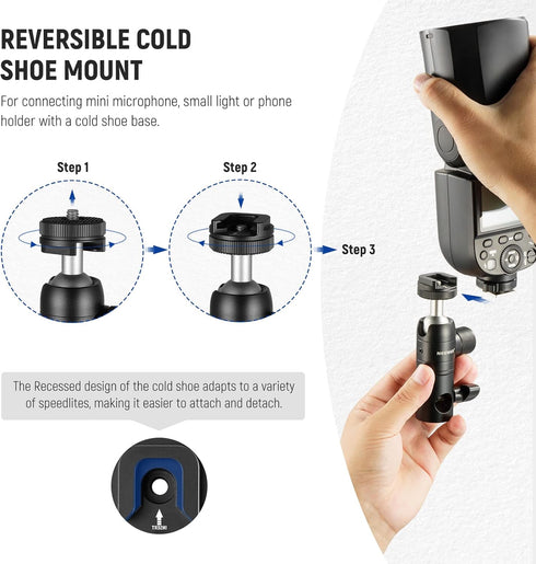 NEEWER Light Stand Mount Adapter with Cold Shoe and 1/4” Screw Mini Ball Head, Fits Flat Head Light Stand