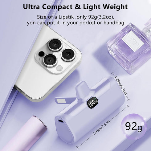 Mini Portable Charger for iPhone,5000mAh Ultra Compact Small Power Bank Built-in Phone Holder and LED Light,LCD Display Battery Pack for Travel,Compatible with 14/13/12/11/XR/SE/8/7 Pro Max