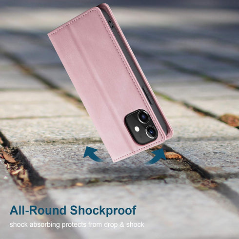 japezop iPhone 12 Mini Flip Case, Pink Leather, RFID Blocking, Card Holder, Slim Fit, Wireless Charging Compatible
