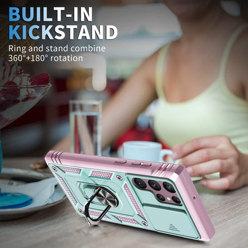 Galaxy S22 Ultra Case, Pink Green Shockproof Impact Resistant with Slide Lens Protective Cover