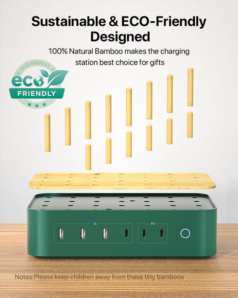 Bamboo USB-C Charging Station for Multiple Devices, 60W 6 Port Charging Dock with 3 AC Outlets, 3 USB C, 3 USB A, 6.6ft