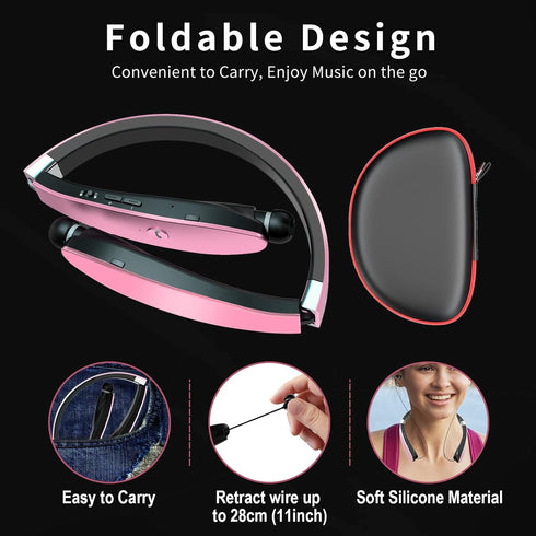 Foldable Bluetooth Headphones, Wireless Neckband Headset with Retractable Earbuds, Noise Cancelling
