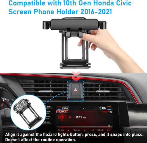 Compatible Phone Holder for Honda Civic 2016-2021, Mount Hazard Light Slot, 360 Degree Rotation Anti-Shake