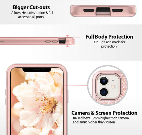 Coolwee Glitter Full Protective Case for iPhone 11, Heavy Duty Hybrid 3 in 1 Shockproof for Women Girls Rose Gold