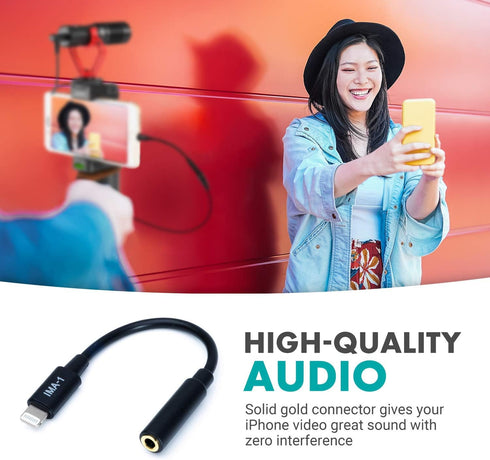 Movo IMA-1 Female 3.5mm TRRS Microphone Adapter Cable to Lightning Connector Dongle for Apple iPhone, iPad