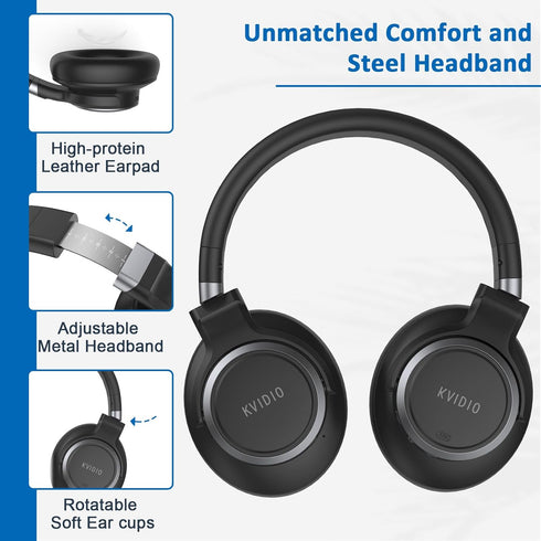 KVIDIO Active Noise Cancelling Headphones with Microphone, 65 Hours Playtime, Deep Bass, Hi-Fi Stereo Sound (Black)