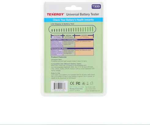 T-333 9V, CR123A, CR2, CRV3, 2CR5k CRP2, Tenergy Universal Battery Tester, LCD Display, Cell Checker, Multi-Purpose
