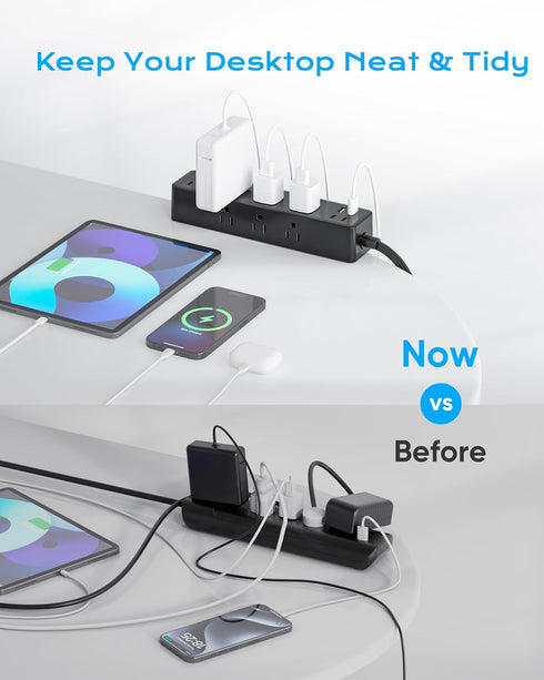Acozvin 10FT, 24W 9 8 1.7" Flat Plug Desk Clamp Power Strip Total Charging Station, Desk Edge Mount Power Strip AC
