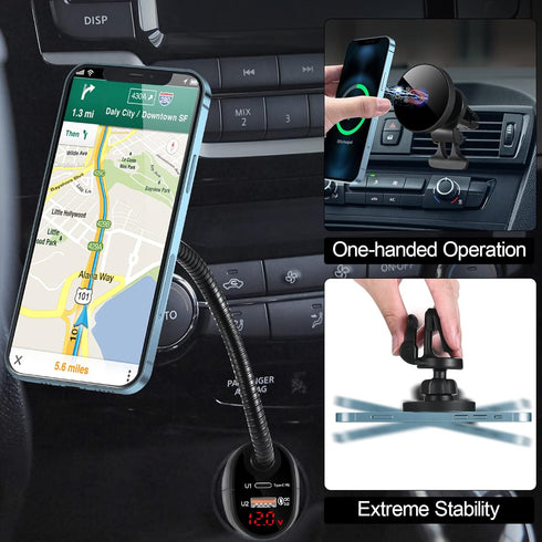 DACK Mag-Safe 15W Car Cigarette Lighter Wireless Charger, Magnetic Air Vent Mount Holder with Dual Port Fast Charging