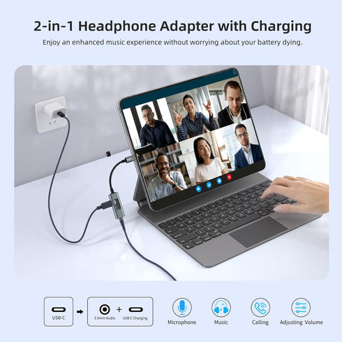 Xumee USB C to 3.5mm Audio Adapter and Charger, 2 in 1 USB-C to Headphone Jack Dongle for iPhone 16/15 Pro Max