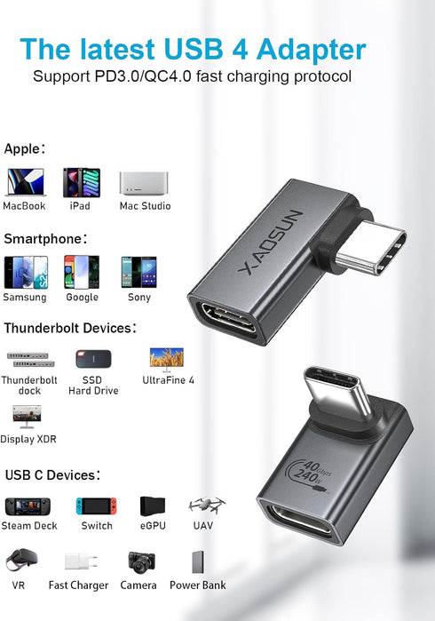 XAOSUN 90 Degree USB C to C Adapter Mixed Pack, Right Angle USB C Male to USB C Female Adapter, USB4 Type C Power Data