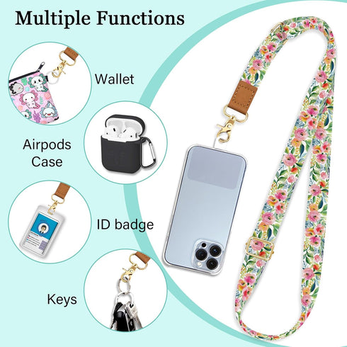 Piefly Phone Lanyard Crossbody Strap, Floral Flower Cell Phone Lanyard for Women, Wrist Strap Wristlet Adjustable