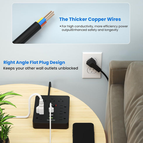 Power Strip Surge Protector with 9 Outlets, 3 USB Ports, Fireproof Desktop Charging Station, 5 ft Long Extension Cords,