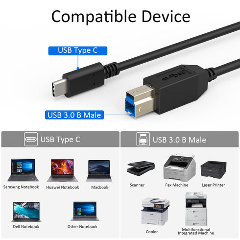 6ft 3.0 CBUS USB-C to USB-B USB Cable Compatible with iFi Zen DAC, Dell Monitors, Printers Scanners, External Hard