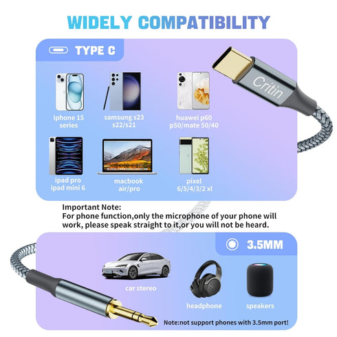 USB C to 3.5mm Audio Auxiliary Jack Cable,Type C Adapter to 3.5mm Male Headphone Stereo Cable,Braided Stereo Mini Jack Male to Male Auxiliary TRS Cable,for Samsung Galaxy S21/iPad Pro/Huawei etc.