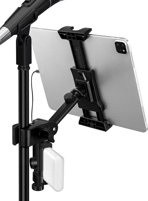 LZSIG Tablet Holder for Mic Stand with Power Bank Clip - Adjustable iPad/iPhone