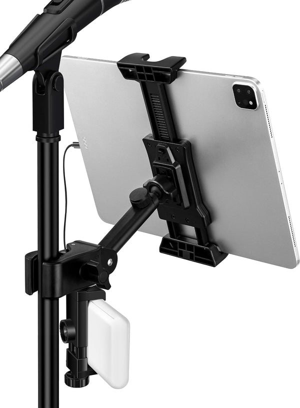 LZSIG Tablet Holder for Mic Stand with Power Bank Clip - Adjustable iPad/iPhone
