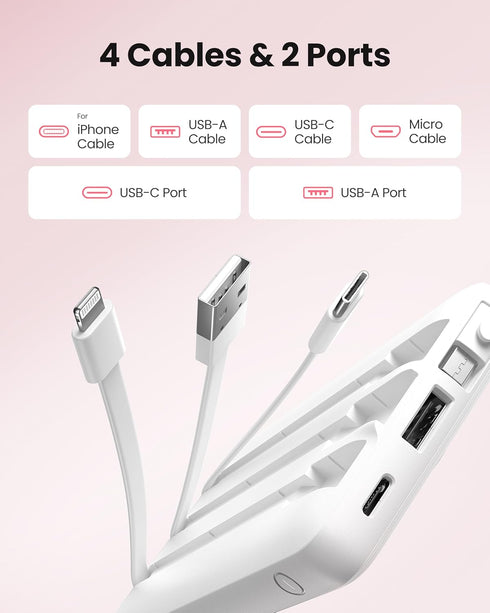 Coowisty 10000mAh Pack 5 2 Portable Power Bank, Slim Portable Charger with Built-in Cables, External Battery Outputs