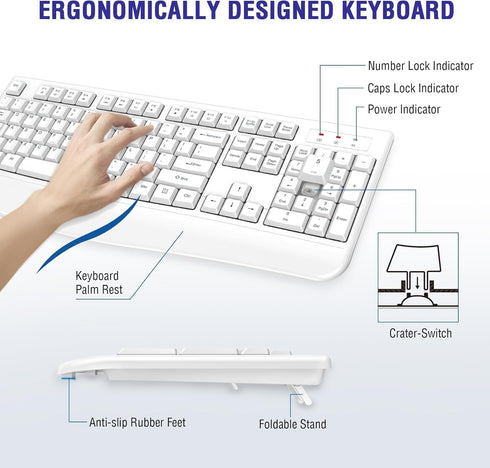 QUASIO 2.4G Wireless Keyboard, Full-Sized Ergonomic Wireless Computer Keyboard with Wrist Rest for Windows, Mac OS