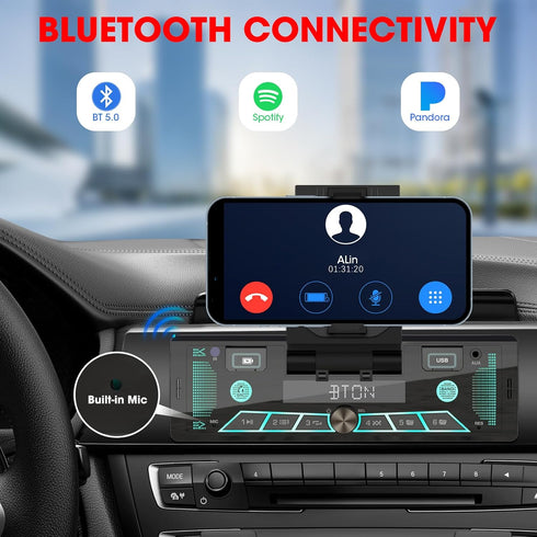 Single-Din Stereo with Car Phone Holder - Bluetooth Car Radio - Push to Talk Assistant Multi Color LCD AM FM Tuner AUX USB Built-in Mic Wireless Remote Control