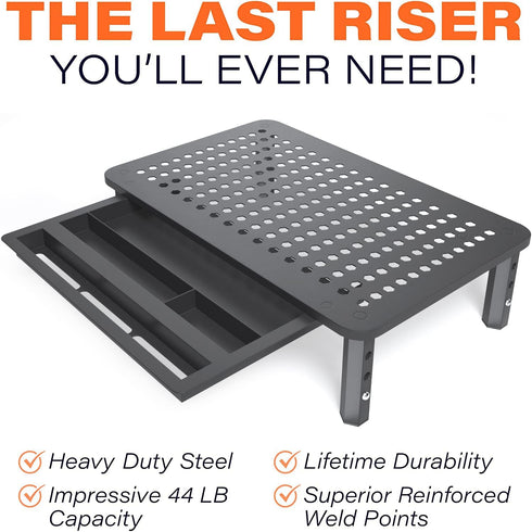 EVOOMI Back Saver Monitor Stand for Desk, 2 Pack Riser with Drawer, Anti Skid Mesh Metal for Laptop
