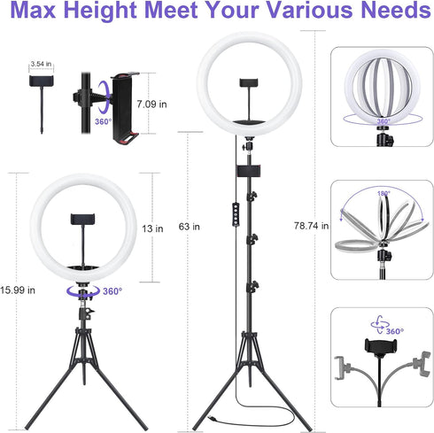 12" Selfie Ring Light with 63" Tripod Stand - 3 Phone Holder, LED Camera Ringlight with RGB Colors Modes for